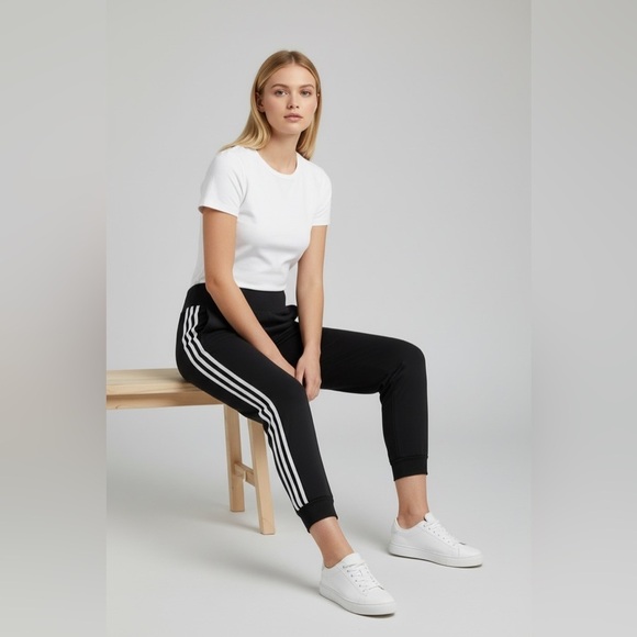 Adidas Pants - Adidas activewear yoga sports leggings black striped pocket wide waist Women M